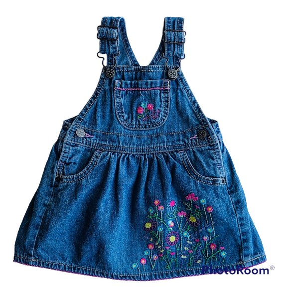 Vintage OshKosh B'Gosh Vestbak Overalls Floral Embroidered Denim Jumper 12 Month - Picture 1 of 6